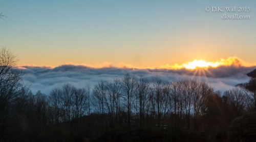 Sunrise and blue sky, though the valleys below us were still fogged in.